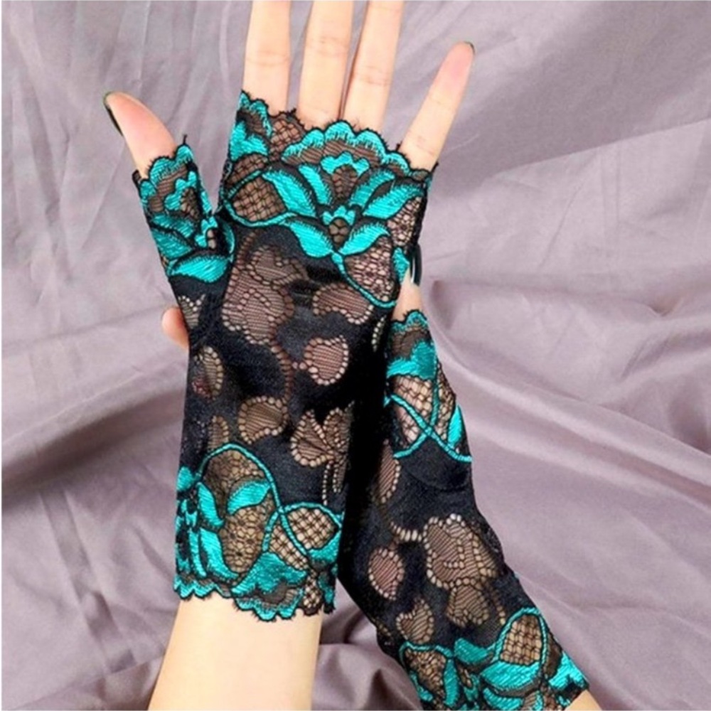 Elegant Black and Teal Lace Fingerless Gloves